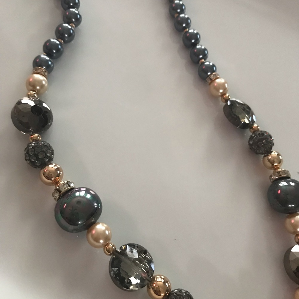 Periwinkle 18” necklace with grey, gold and pearl.